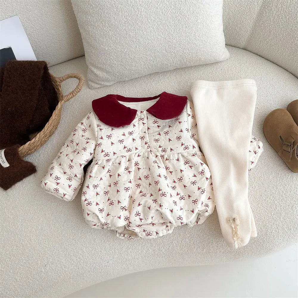 Autumn style baby gown newborn bow and velvet wrapped fart gown hundred day one month one year old baby dress eprolo