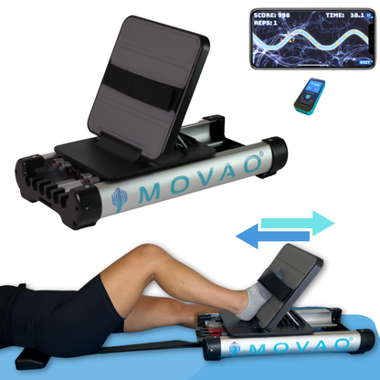 Showing portable leg press in use with directional arrows