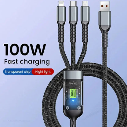 3 In 1 Usb 100w Cable For Fast Charging And Data Mini Usb Type C Micro Suitable For Iphone Android Xiaomi Huawei Oppo Charging eprolo