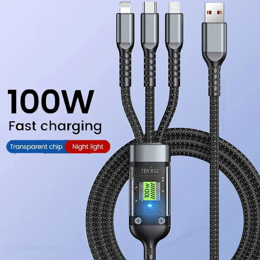 3 In 1 Usb 100w Cable For Fast Charging And Data Mini Usb Type C Micro Suitable For Iphone Android Xiaomi Huawei Oppo Charging eprolo