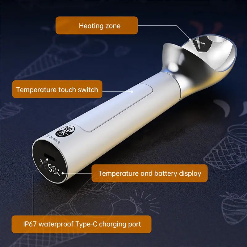 Rechargeable Heated Scoop: Adjustable Temp, Rapid Heat for Ice Cream & More eprolo
