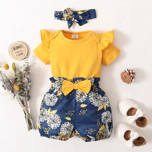 3Pcs Clothes Set Baby Girl Plain Color Ruffle Short Sleeves Bodysuit+Floral Short+Headband Lovely Summer Costume for 0-18 Months eprolo