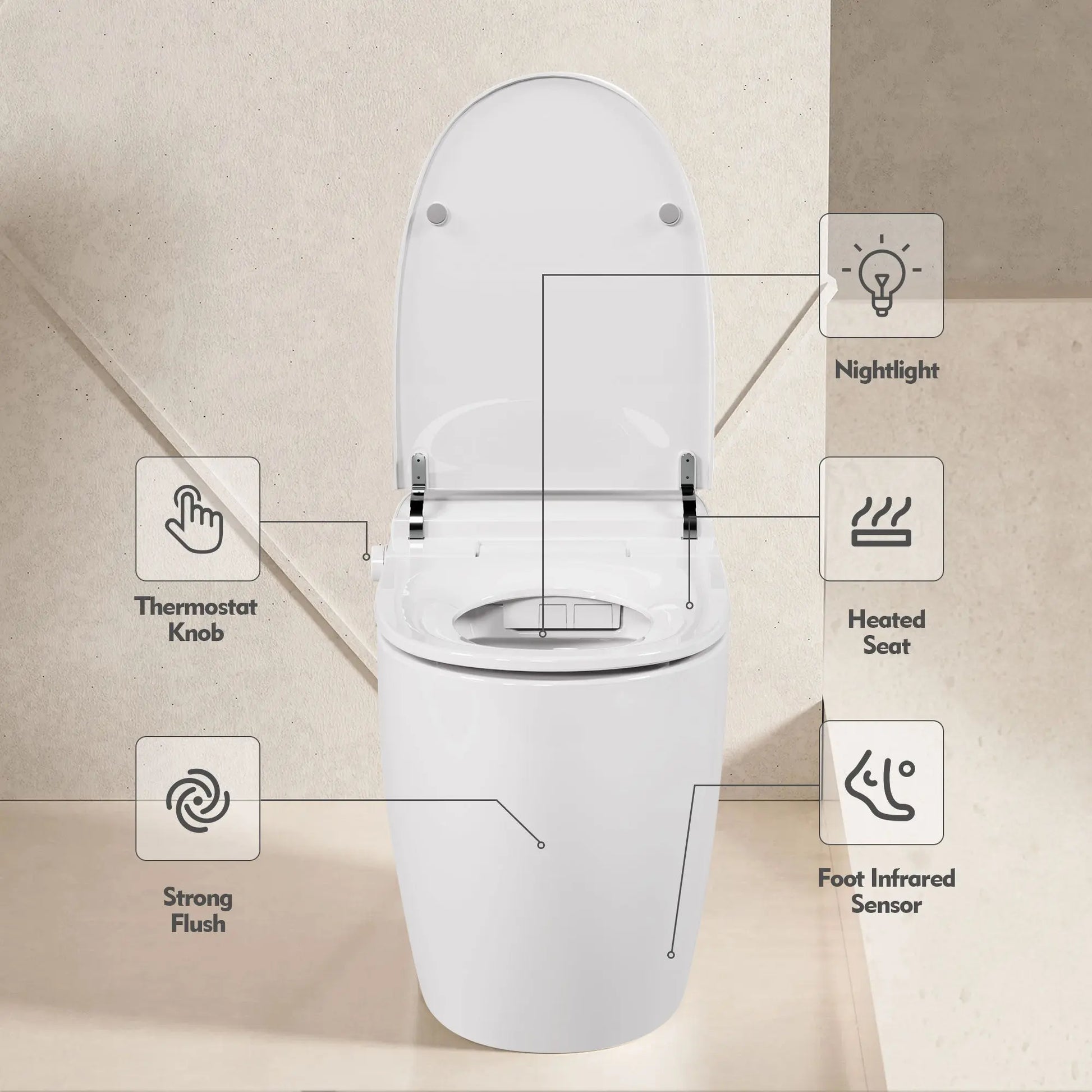Heated seat intelligent toilet, integrated toilet, automatic flushing water tank toilet, with foot sensor flushing, white night eprolo
