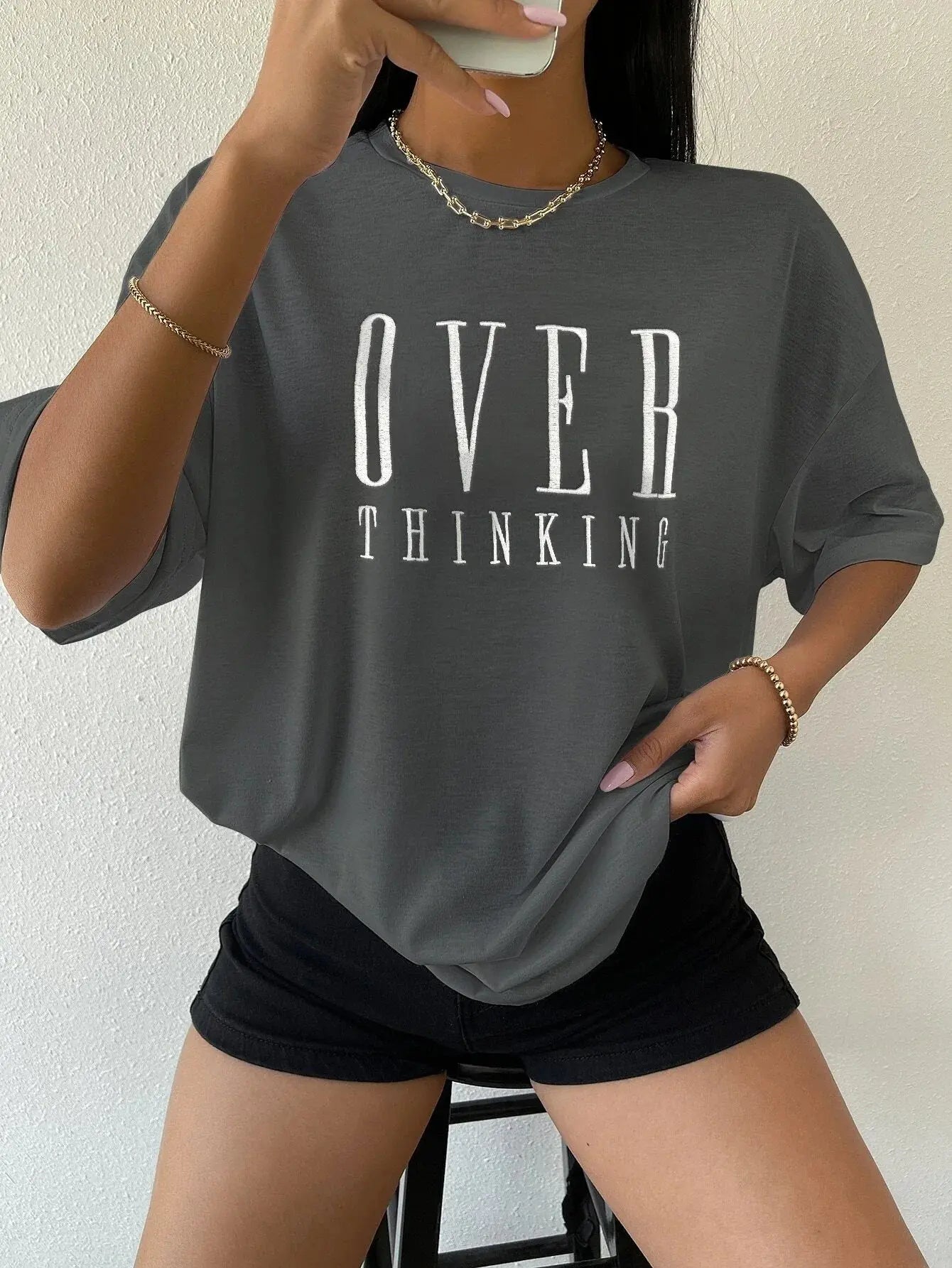 Over Thinking Letter Print Women Cotton Short Reseller