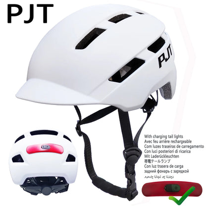 PJT New Cycling Helmet In-Mold Mountain Road USB Rechargeable Taillight Bicycle Bike Helmets Sports Safe Hat MTB Cycling Helmet