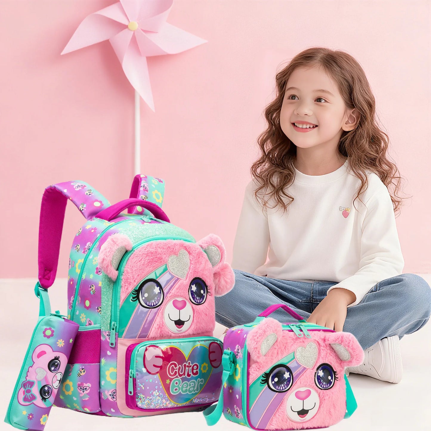 Kids Backpack for Girls Cute School Bag Set with Insulated Lunch Tote Back to School Bookbag Perfect Gift for Elementary Student