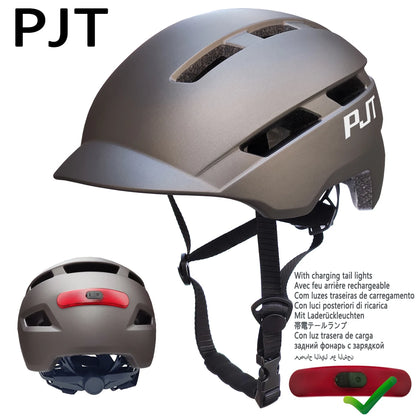 PJT New Cycling Helmet In-Mold Mountain Road USB Rechargeable Taillight Bicycle Bike Helmets Sports Safe Hat MTB Cycling Helmet