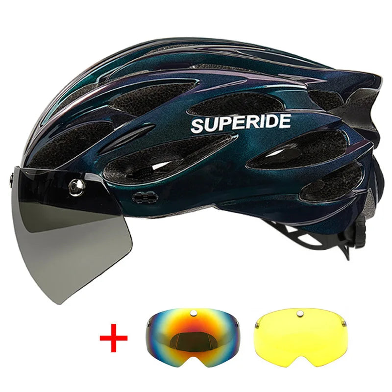 SUPERIDE Ultalight Cycling Helmet with Magnetic Googles & Sun Visor Men Women In-mold Road Bike MTB Bicycle Helmet