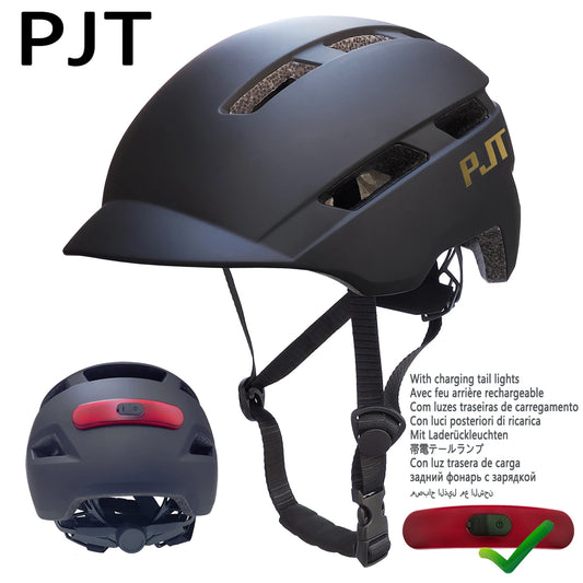 PJT New Cycling Helmet In-Mold Mountain Road USB Rechargeable Taillight Bicycle Bike Helmets Sports Safe Hat MTB Cycling Helmet